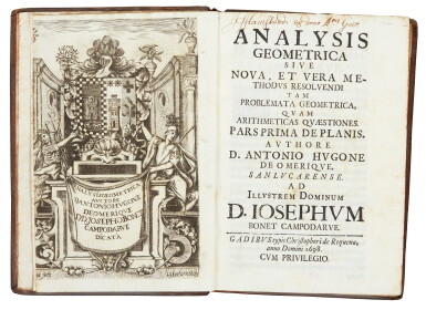 View full screen - View 1 of Lot 123. Omerique, Analysis geometrica, Cadiz, 1698, contemporary calf.