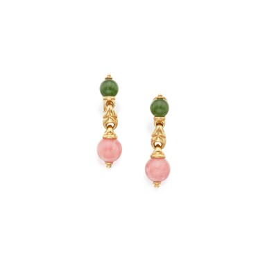 View full screen - View 1 of Lot 188. Pair of Nephrite and Rhodochrosite Earclips.