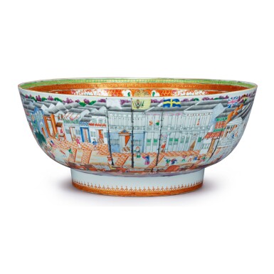 View full screen - View 1 of Lot 1901. A CHINESE EXPORT 'HONG' PUNCH BOWL, QING DYNASTY, QIANLONG PERIOD, 1780-85 | 清乾隆 1780-85年 粉彩廣州十三行景圖大盌.