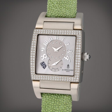 View full screen - View 1 of Lot 414. Instrumento UNO / DF | A white gold and diamond-set automatic rectangular dual time wristwatch with date, Circa 2000.