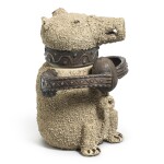 A Staffordshire salt-glazed white stoneware bear jug and cover, 18th century, the mounts later