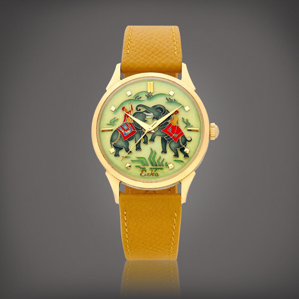 View full screen - View 1 of Lot 8945. A pink gold wristwatch with cloisonné enamel dial, Circa 1950 | 粉紅金腕錶,備掐絲琺瑯錶盤,約1950年製.