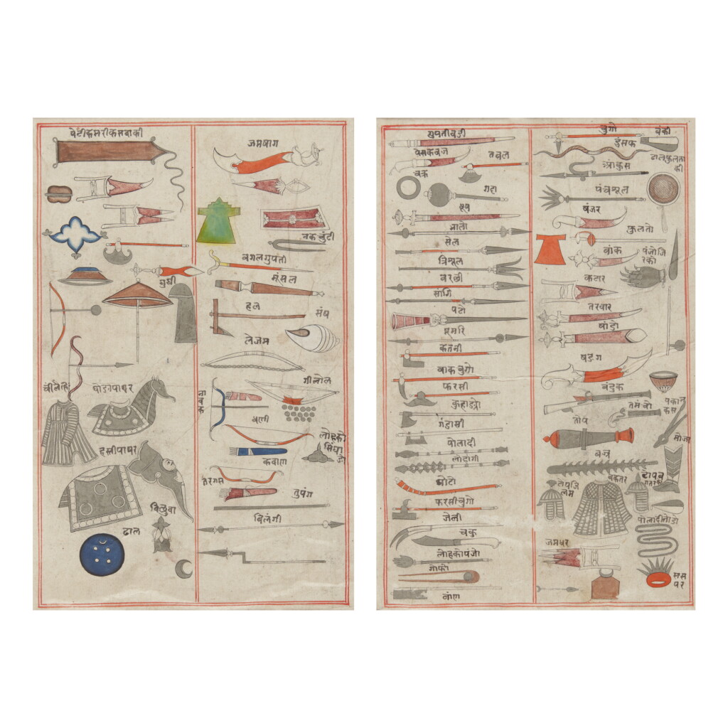 View full screen - View 1 of Lot 900. A PAIR OF ILLUSTRATIONS DEPICTING ARMS AND ARMOR, INDIA, RAJASTHAN, 19TH CENTURY.