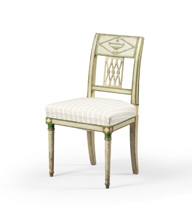 View full screen - View 1 of Lot 103. A Directoire white and green painted side chair, circa 1800 | Chaise peinte en blanc et vert d'époque Directoire, vers 1800.