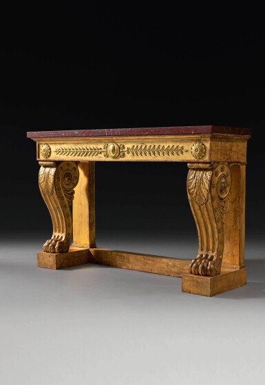 View full screen - View 1 of Lot 26. An Imperial gilt-bronze mounted carved giltwood console table, by François-Honoré-Georges Jacob-Desmalter, delivered in 1808 to the Palais des Tuileries for Napoleon's Grand Cabinet Intérieur.