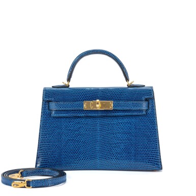 View full screen - View 1 of Lot 153. Bleu Saphir Shiny Niloticus Lizard Mini Kelly II 20 Gold Hardware, 2021.