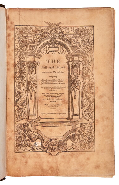 View full screen - View 1 of Lot 31. Raphael Holinshed | The Chronicles, 1586-7, 3 volumes bound in 2, plus further volume of eighteenth-century reprints of cancelled leaves, a quintessential piece of Elizabethan secular scholarship.