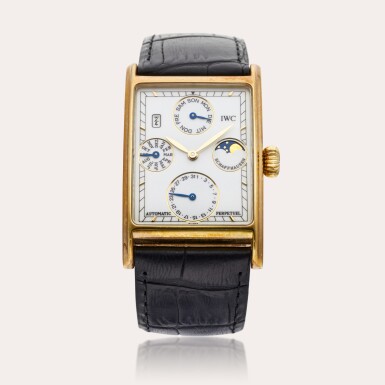 View full screen - View 1 of Lot 429. Reference 3545 Novecento | A yellow gold rectangular automatic perpetual calendar wristwatch with moon phases and year indication, Circa 1990.