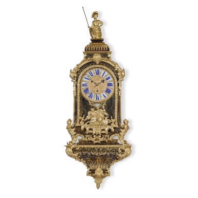 View full screen - View 1 of Lot 22. A French Régence Gilt Bronze Mounted Brass-Inlaid Tortoiseshell Marquetry Clock and Bracket, Circa 1725, the movement signed André Rousseau AParis.