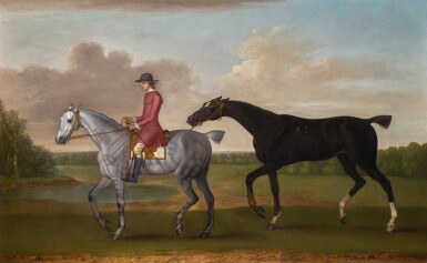 View full screen - View 1 of Lot 161. JAMES SEYMOUR | The Duke of Kingston’s liver chestnut racehorse 'Jolly Roger' led by a groom.