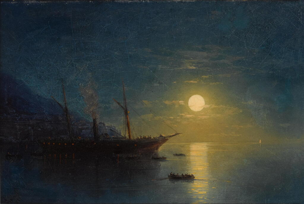 View full screen - View 1 of Lot 132. Steamship on a moonlit night.