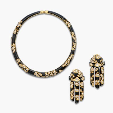View full screen - View 1 of Lot 425. Gold, Enamel and Diamond 'Écume' Necklace and Pair of 'Mitzouko' Earclips.
