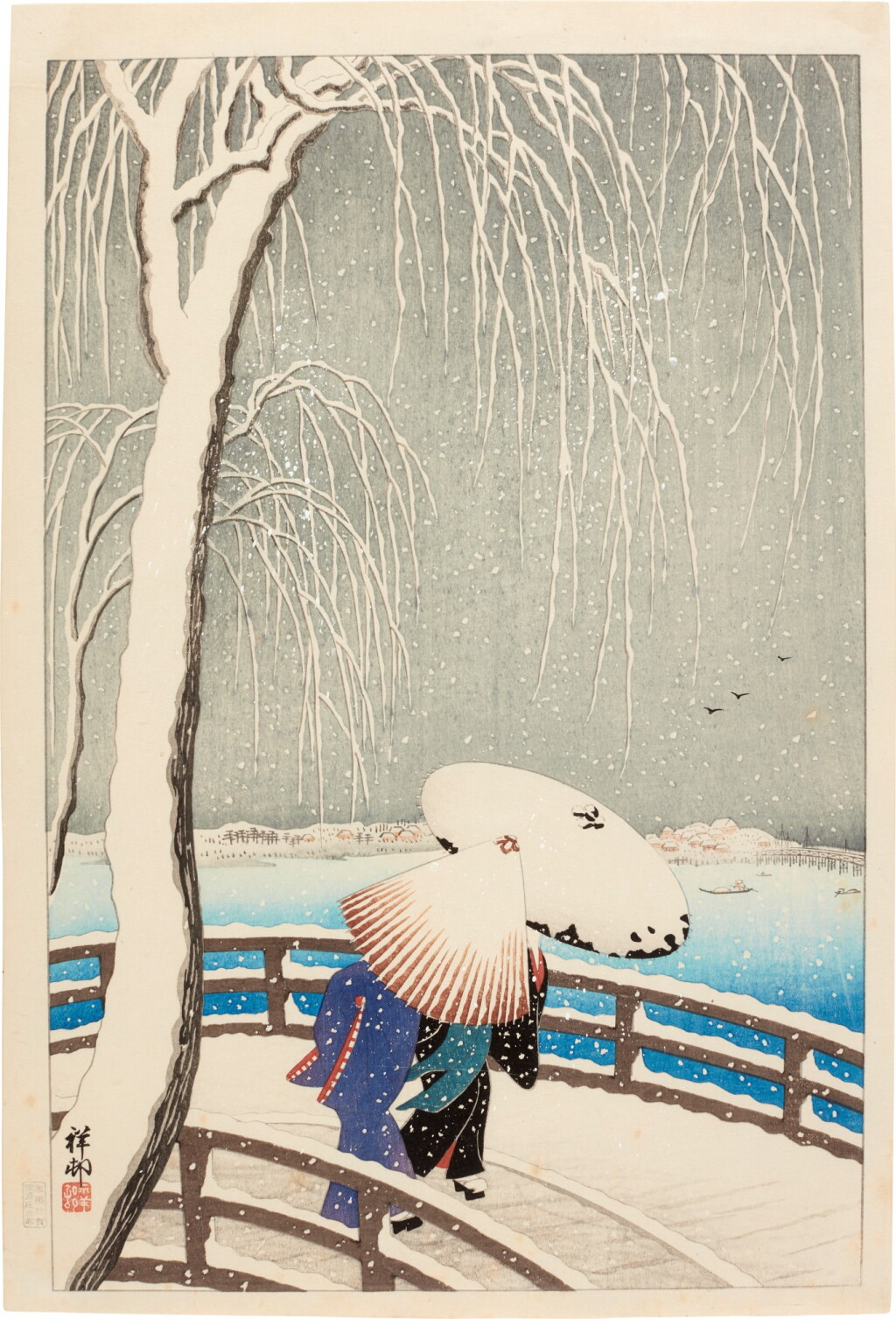 View full screen - View 1 of Lot 160. Ohara Koson (1877-1945) | Snow on Willow Bridge | Showa period, 20th century.