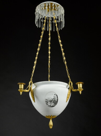 View full screen - View 1 of Lot 84. A Russian gilt-bronze mounted painted opaline glass and cut-glass chandelier, second quarter 19th century.