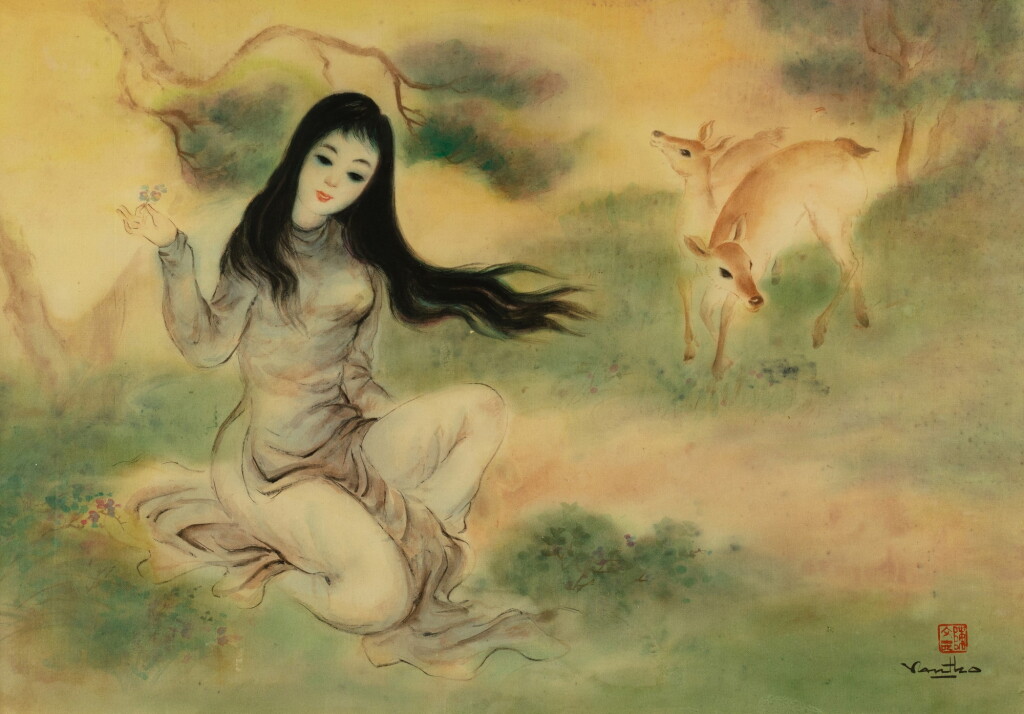 View full screen - View 1 of Lot 15. Tran Van Tho (1917-2004), Young woman and deers | 陳文圖 (1917-2004), 仕女與鹿.