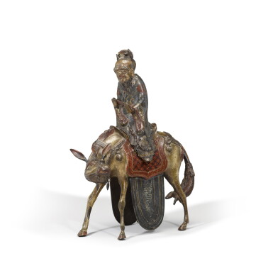 View full screen - View 1 of Lot 351. A painted bronze ‘Zhang Guolao’ censer and cover, 17th century | 十七世紀 銅加彩張果老騎驢形熏爐.