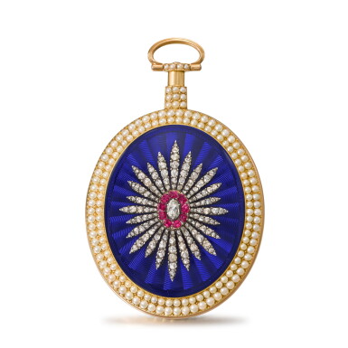View full screen - View 1 of Lot 1319. An impressive gold, enamel, diamond, ruby and pearl-set oval cylinder watch made for the Chinese market Circa 1790, no. 2635.