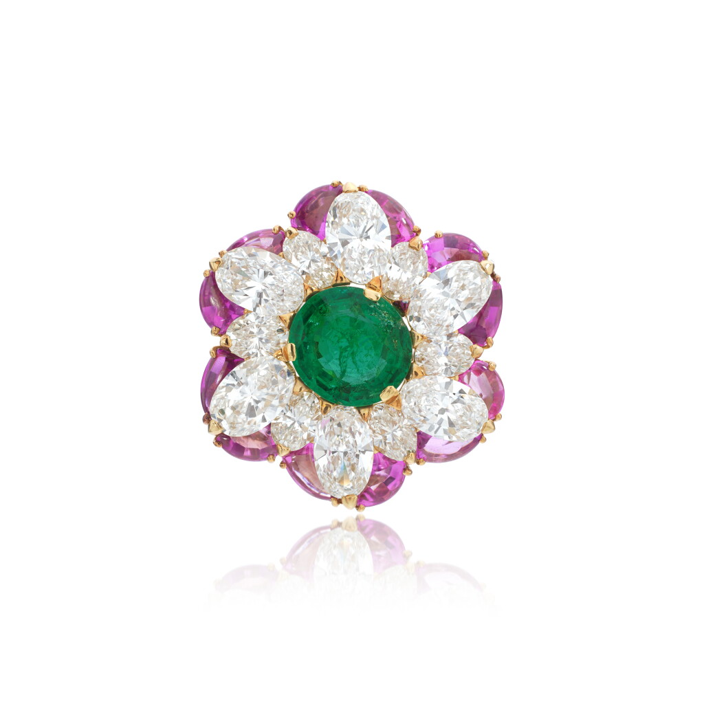 View full screen - View 1 of Lot 517. Unique emerald, pink sapphire and diamond brooch, ‘Giulia’, circa 1989.