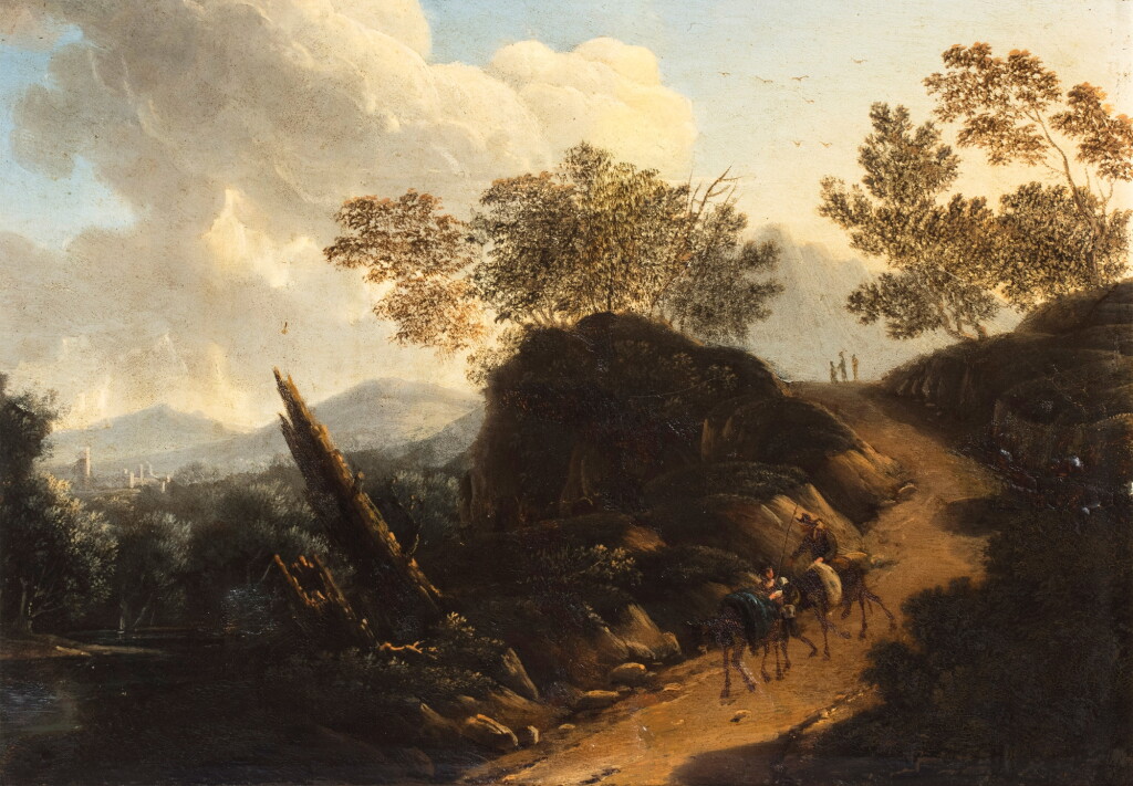 View full screen - View 1 of Lot 361. A mountainous landscape with travellers on a path, a town in the distance.