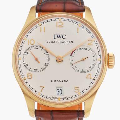 View full screen - View 1 of Lot 139. Reference IW5001-01 Portugieser | A pink gold automatic wristwatch with date and power reserve indication, Circa 2010.