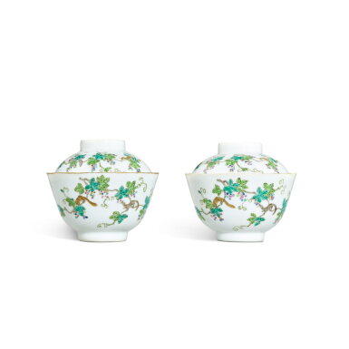 View full screen - View 1 of Lot 3364. A pair of famille-rose 'squirrel and grape' bowls and covers, Seal marks and period of Daoguang | 清道光 粉彩鬆鼠葡萄圖蓋碗一對 《大清道光年製》款.