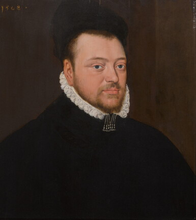 View full screen - View 1 of Lot 3. Portrait of a man, half-length, in black costume with a white ruffled collar.