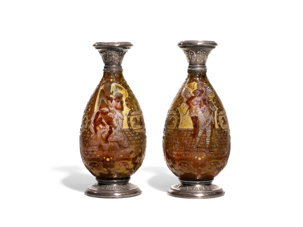 View full screen - View 1 of Lot 121. A PAIR OF FRENCH SILVER-MOUNTED GLASS VASES, CIRCA 1900, BURGUN, SCHVERER & CIE, ALSACE-LORRAINE.