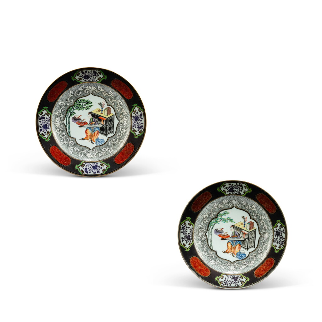 View full screen - View 1 of Lot 130. A pair of famille-rose silver-ground 'court lady' dishes, Qing dynasty, Yongzheng period | 清雍正 銀地粉彩仕女撫琴圖盤一對.