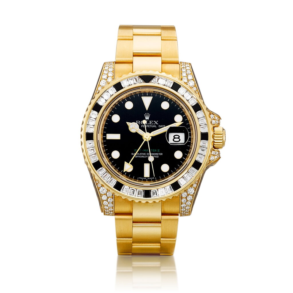 View full screen - View 1 of Lot 8029. GMT-Master II, Reference 116758SANR | A yellow gold, diamond and black sapphire-set dual time zone wristwatch with date and bracelet, Circa 2014 | 勞力士 | GMT-Master II 型號116758SANR | 黃金鑲鑽石及黑色寶石兩地時間鏈帶腕錶,備日期顯示,約2014年製.