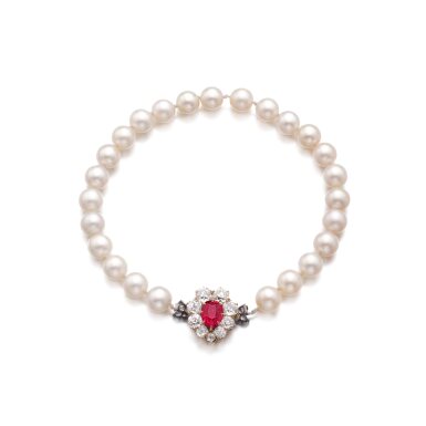 View full screen - View 1 of Lot 1078. Natural pearl, ruby and diamond bracelet, circa 1886.