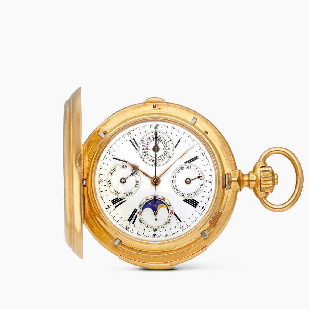 View full screen - View 1 of Lot 2426. A pink gold minute repeating perpetual calendar chronograph hunting case keyless lever watch, with 30-minute register, moon phases, leap year and enamel dial, Circa 1890.