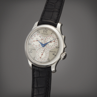 View full screen - View 1 of Lot 28. Centigraphe Souverain | A platinum chronograph wristwatch with 100th of a second, 20 seconds and 10 minute registers, Circa 2009 | F.P.Journe Centigraphe Souverain 鉑金計時腕錶備百分之一秒、20秒及10分鐘顯示,製作年份約 2009.