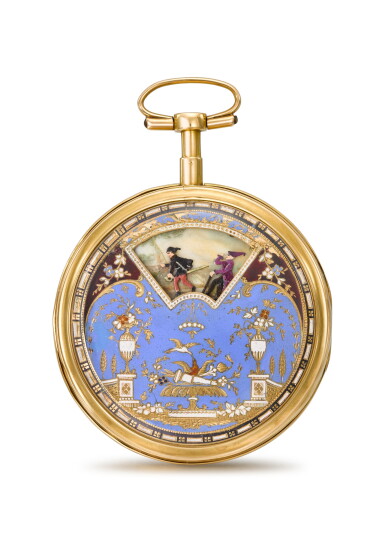 View full screen - View 1 of Lot 1383. A rare double dialled gold and enamel verge watch with processional automaton Circa 1820, no. 6412.