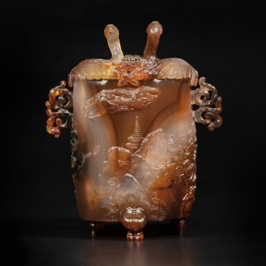 View full screen - View 1 of Lot 76. A rare and exceptionally carved agate 'geese' tripod censer and cover, Qing dynasty, Yongzheng / Qianlong period.