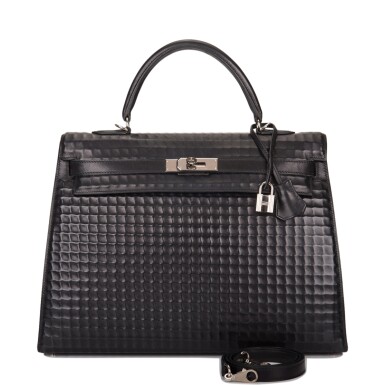 View full screen - View 1 of Lot 30. Hermès Black Waffle Sellier Kelly 35cm of Box Leather with Palladium Hardware .