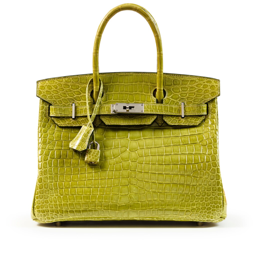 View full screen - View 1 of Lot 606. Vert Anis Shiny Porosus Crocodile Birkin 30 Palladium Hardware, 2005.
