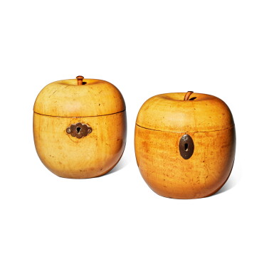 View full screen - View 1 of Lot 530. Two George III Fruitwood Tea Caddies in the Shape of Apples, Circa 1800.