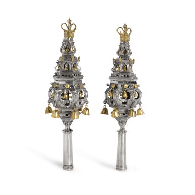 View full screen - View 1 of Lot 65. An Important Pair of English Parcel-Gilt Silver Torah Finials, Charles Hougham, London, 1790.