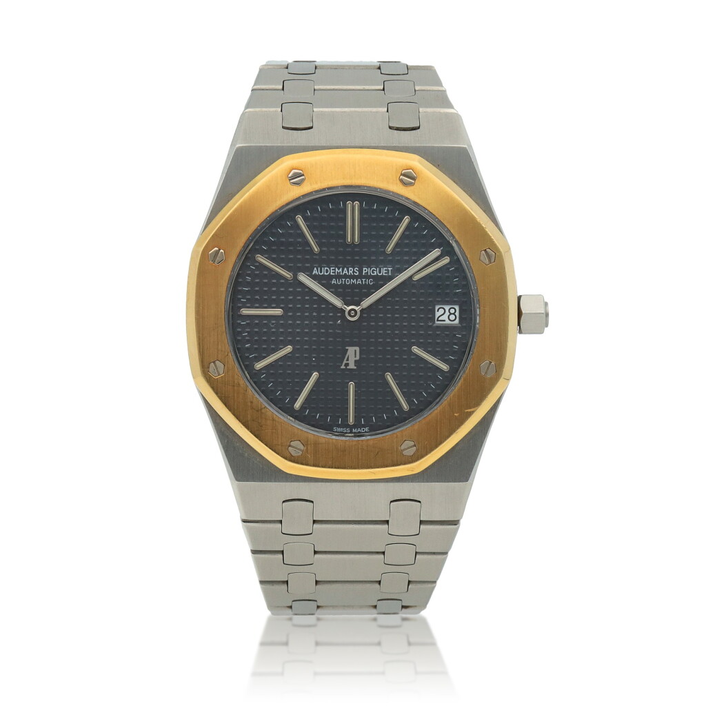 View full screen - View 1 of Lot 72. 'Genta's' ‘Jumbo’ Royal Oak, Ref. 5402 Possibly unique and historically important stainless steel and yellow gold wristwatch with date and bracelet Circa 1978 | 愛彼 | 5402型號「'Genta's' ‘Jumbo’ Royal Oak」精鋼及黃金鍊帶腕錶備日期顯示,年份約1978,可能為孤品及具歷史價值.