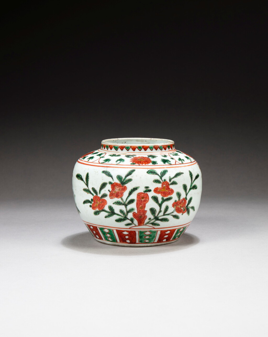 View full screen - View 1 of Lot 164. A small wucai 'flowers and butterflies' jar, Probably Qing dynasty | 或為清 五彩蝶戀花紋罐 .
