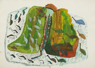 View full screen - View 1 of Lot 6. UNTITLED (LANDSCAPE WITH EMUS, HERON AND SNIPE), CIRCA 1965.