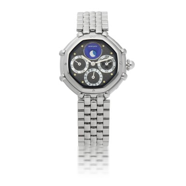 View full screen - View 1 of Lot 659. GERALD GENTA | SUCCESS, REF G.3374.7 STAINLESS STEEL LAPIS LAZULI AND MOTHER-OF-PEARL PERPETUAL CALENDAR WRISTWATCH WITH LEAP-YEAR INDICATION AND MOON PHASES CIRCA 2000.