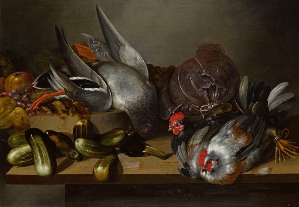 View full screen - View 1 of Lot 48. BALTHASAR HUYS | Still life with hens, a duck, gherkins, fruits, and a cabbage, all on a wooden table.