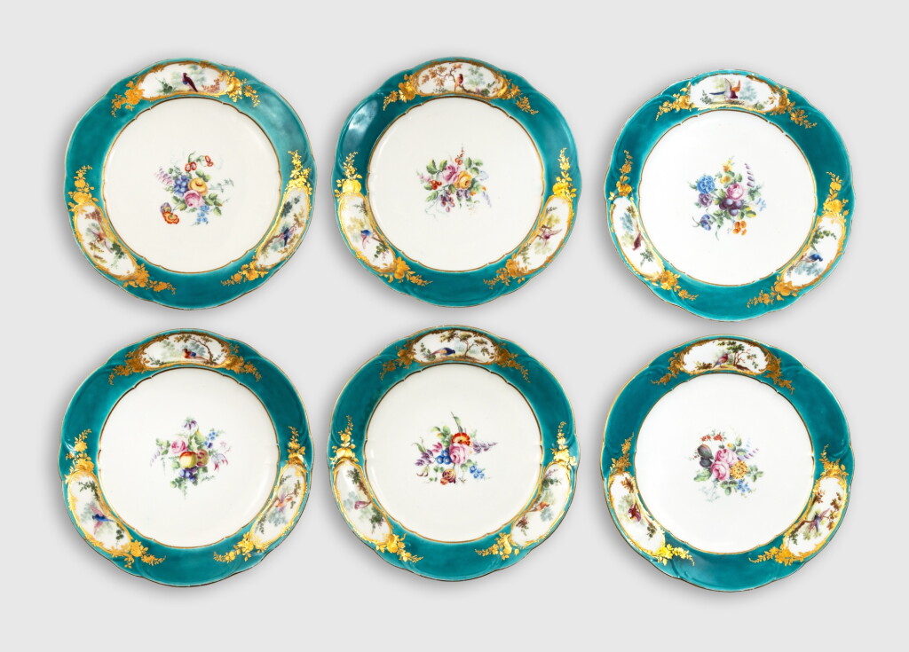 View full screen - View 1 of Lot 622. Six Sèvres Porcelain Green-Ground Plates (Assiette à palmes) from the Service for Frederik V of Denmark or Madame de Pompadour, circa 1757.