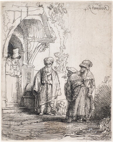 View full screen - View 1 of Lot 72. Three Oriental Figures (Jacob and Laban?) (B., Holl. 118; New Holl. 190; H. 183).