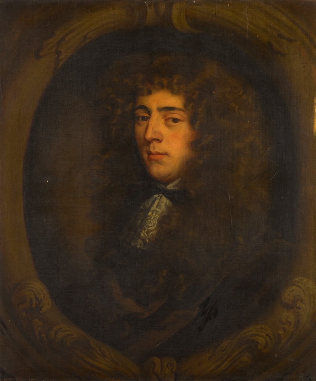 View full screen - View 1 of Lot 40. Portrait of a gentleman, probably Anthony Ashley Cooper, 1st Earl of Shaftesbury (1621–1683), half-length, wearing a loose brown coat and lace jabot, in a painted stone cartouche.
