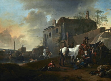 View full screen - View 1 of Lot 249. ATTRIBUTED TO PIETER WOUWERMAN | SOLDIERS AND THEIR HORSES RESTING BY RUINS IN A RIVER LANDSCAPE, WITH FIGURES BATHING.