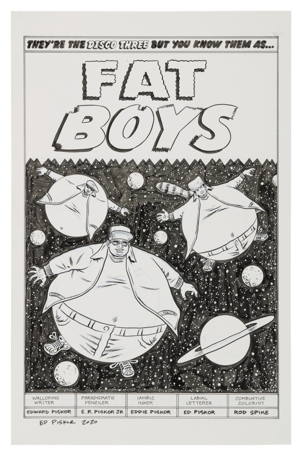 View full screen - View 1 of Lot 43. ED PISKOR | "Fat Boys". Original art for Issue 9 splash page of "The Hip Hop Family Tree", 2015.