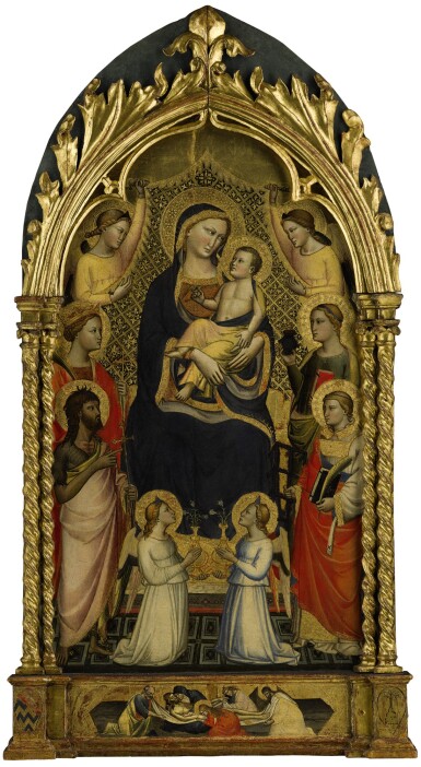 View full screen - View 1 of Lot 6. NICCOLÒ DI PIETRO GERINI, CIRCA 1390-1395 | MADONNA AND CHILD ENTHRONED, SURROUNDED BY SAINT JOHN THE BAPTIST, MARGARET OF ANTIOCH, SAINT LAURENCE, SAINT LUCY, AND ANGELS, THE PREDELLA ILLUSTRATED WITH THE DEPOSITION OF CHRIST.