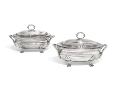 View full screen - View 1 of Lot 64. A PAIR OF GEORGE III SILVER SAUCE TUREENS AND COVERS, WILLIAM STEVENSON, LONDON, 1808.